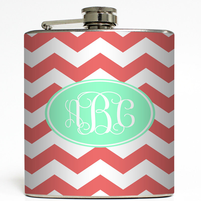 Coral and Mint Monogram - Personalized Flask
