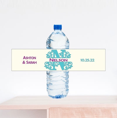 Scroll Monogram Wedding Date Water Bottle Label