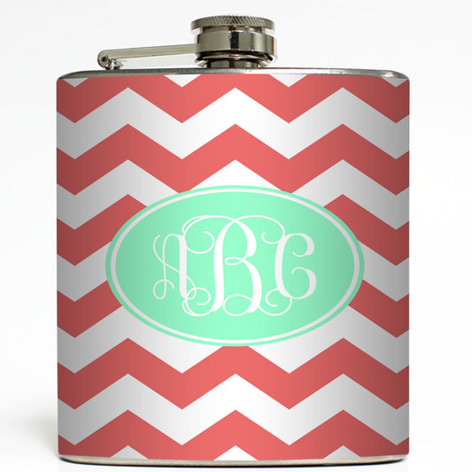 Coral and Mint Monogram - Personalized Flask