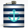 Turquoise Anchor on Navy Rugby Stripe - Nautical Flask