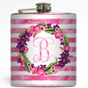 Floral Pink Rugby Stripe - Personalized Monogram Flask