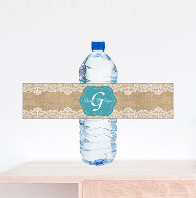 Monogram Wedding Burlap Theme Water Bottle Label