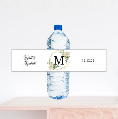 Monogram Floral Wreath Wedding Water Bottle Label