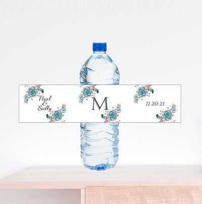 Teal Succulent Water Bottle Label with Date
