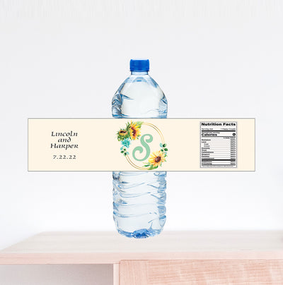 Monogram Sunflower Wedding Water Bottle Label