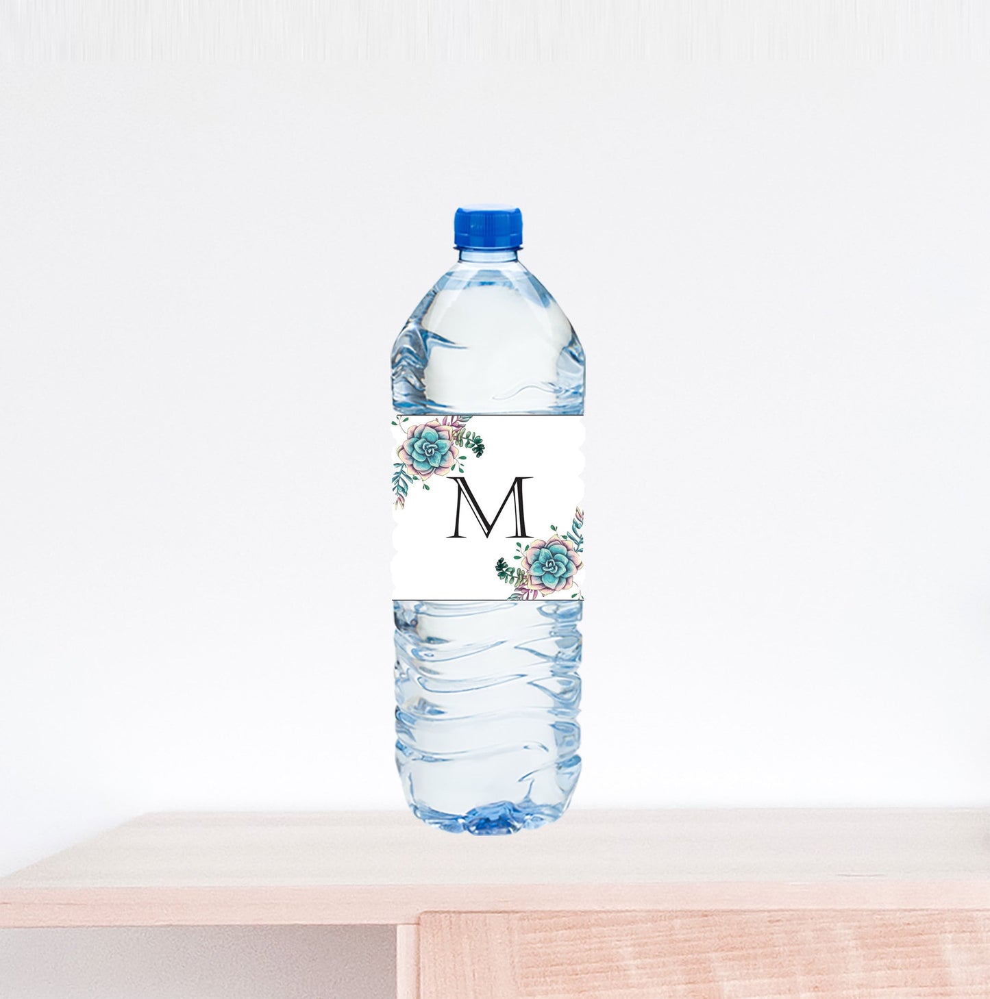 Teal Succulent Water Bottle Label with Date