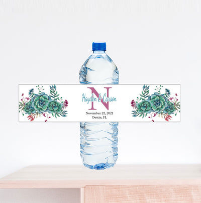 Monogram and Date Succulent Wedding Water Bottle Label